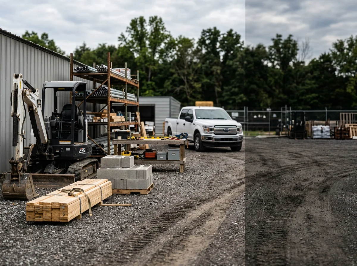 Construction site with tools, materials, and equipment ready for residential building or renovation work.