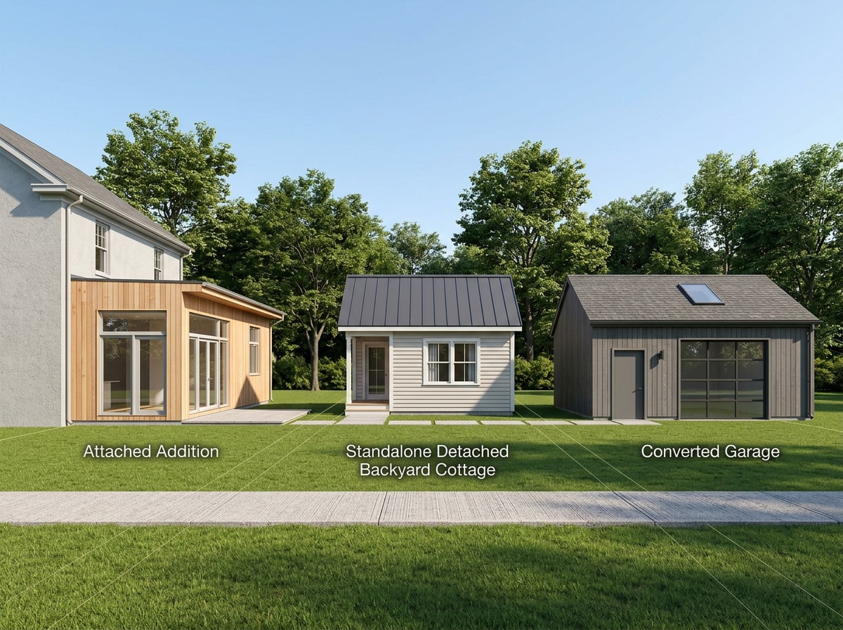 Diagram comparing attached, detached, and converted ADU layouts on a residential lot