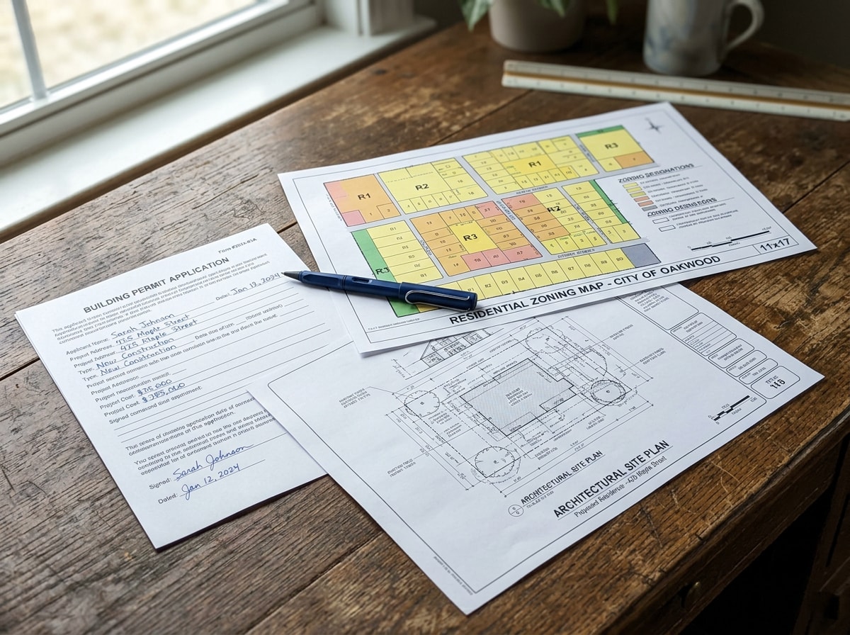 Permit application documents and zoning map spread on a desk for an ADU project
