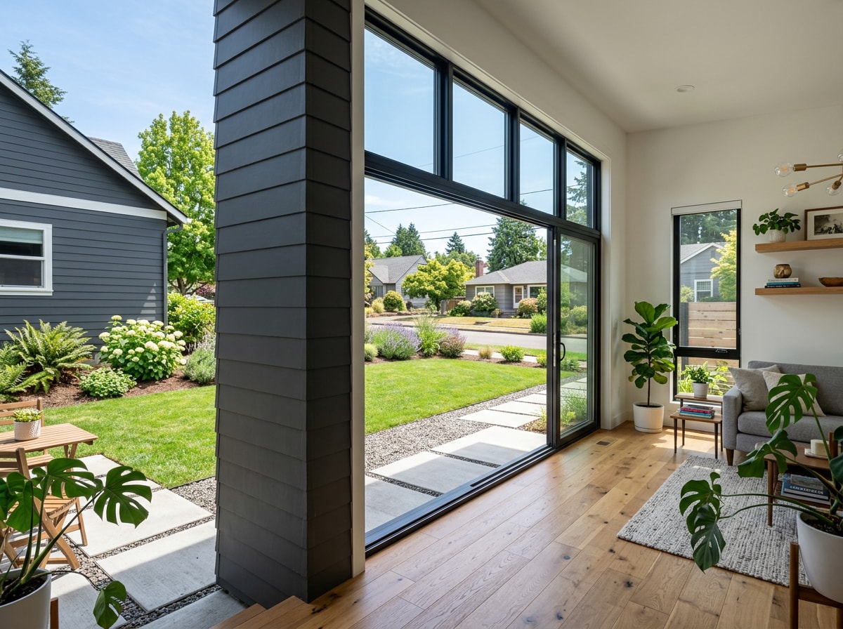 Garage converted into a finished ADU living space with new windows and siding