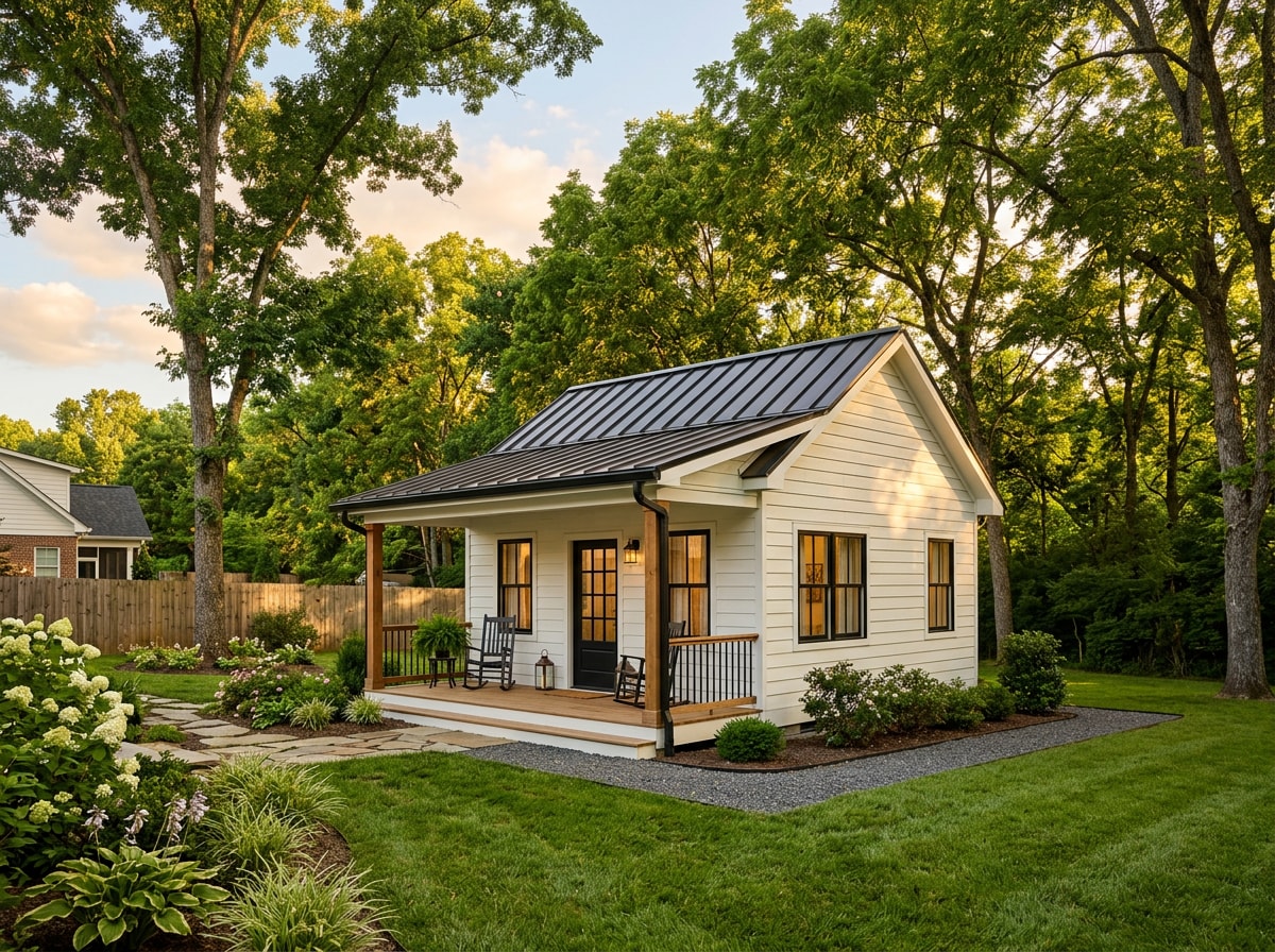 Finished detached accessory dwelling unit with covered porch in a Bradley County backyard
