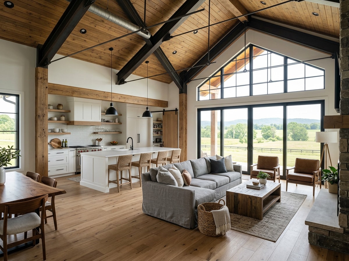 Interior of a premium barndominium showing open-concept kitchen and living space