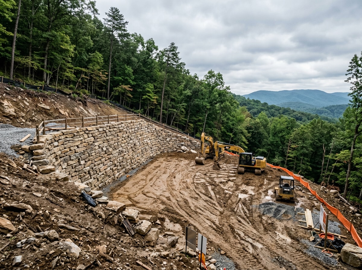 Sloped mountain lot near Chattanooga prepared with a retaining wall for a barndominium foundation