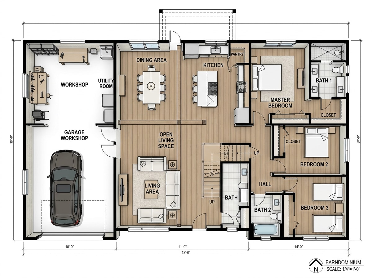Sample barndominium floor plan showing open living space, bedrooms, and attached garage