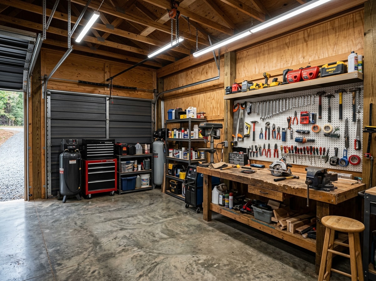 Interior of an attached workshop space inside a Chattanooga barndominium