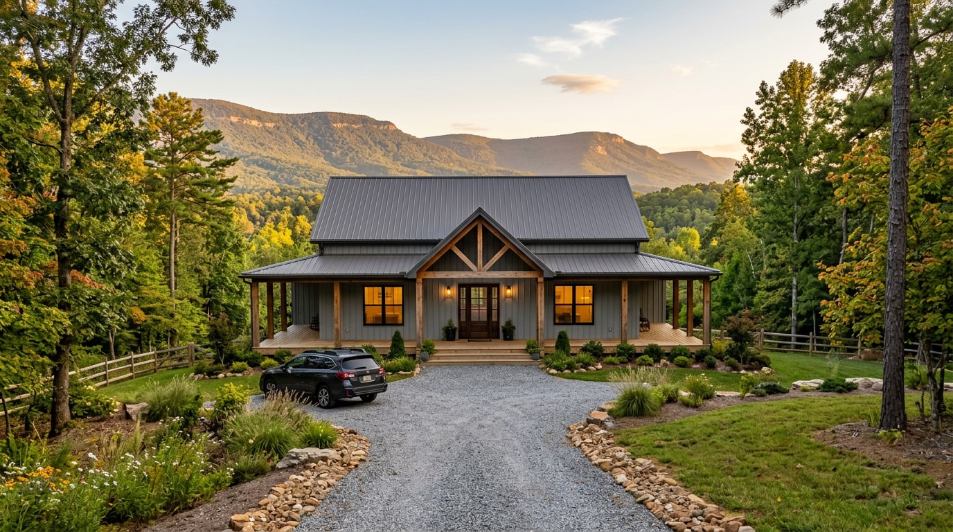 Finished barndominium home with steel siding and covered porch near Chattanooga, TN Finished barndominium home with steel siding and covered porch near Chattanooga, TN