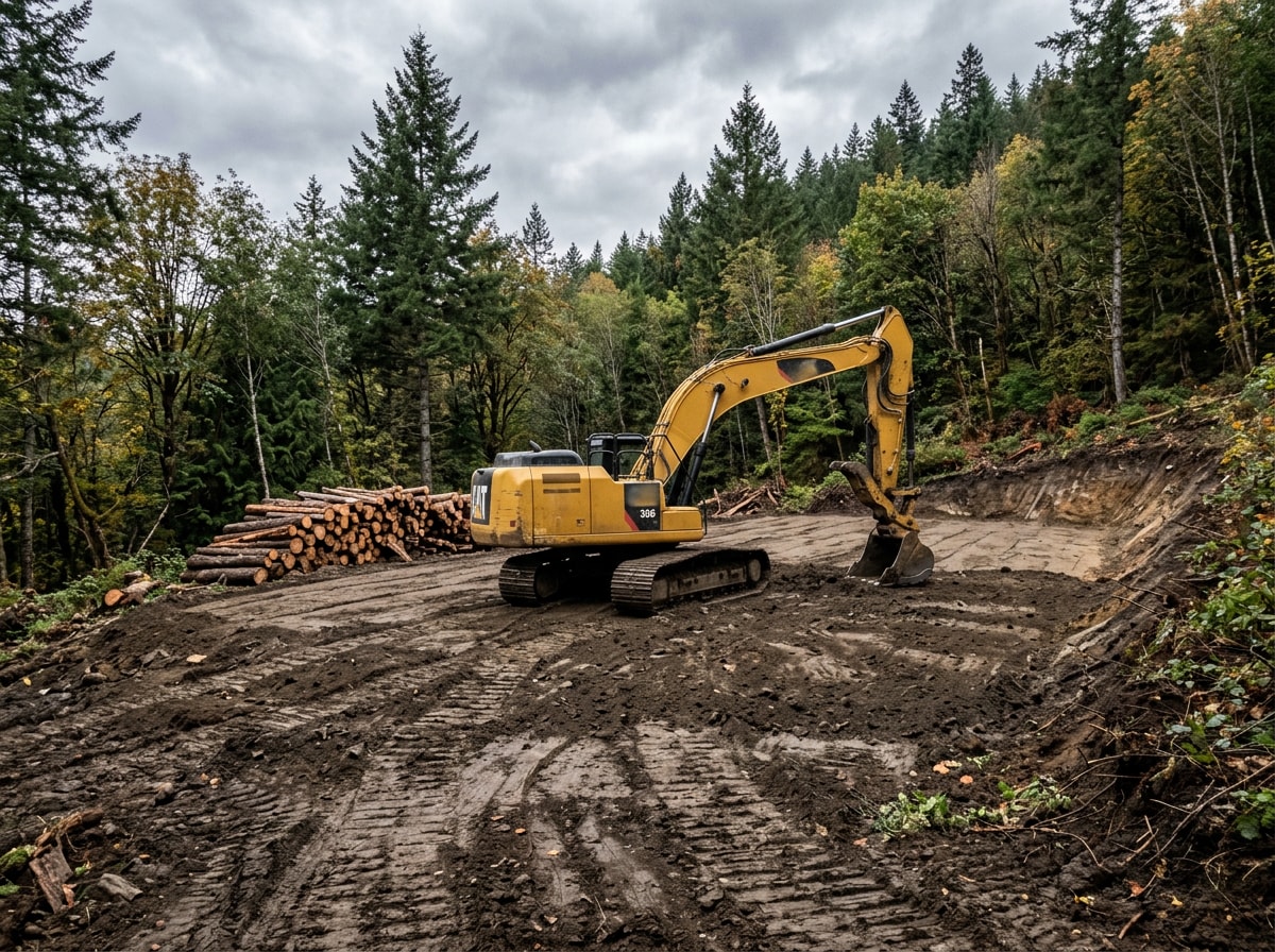 Excavator leveling a rural building pad on a wooded Cherokee County, Alabama lot