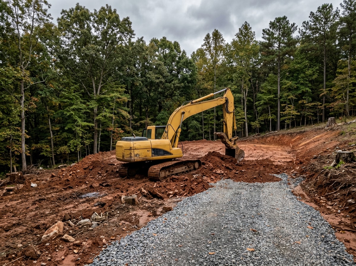 Excavator grading a cleared residential lot with compacted driveway base visible in Hixson, TN
