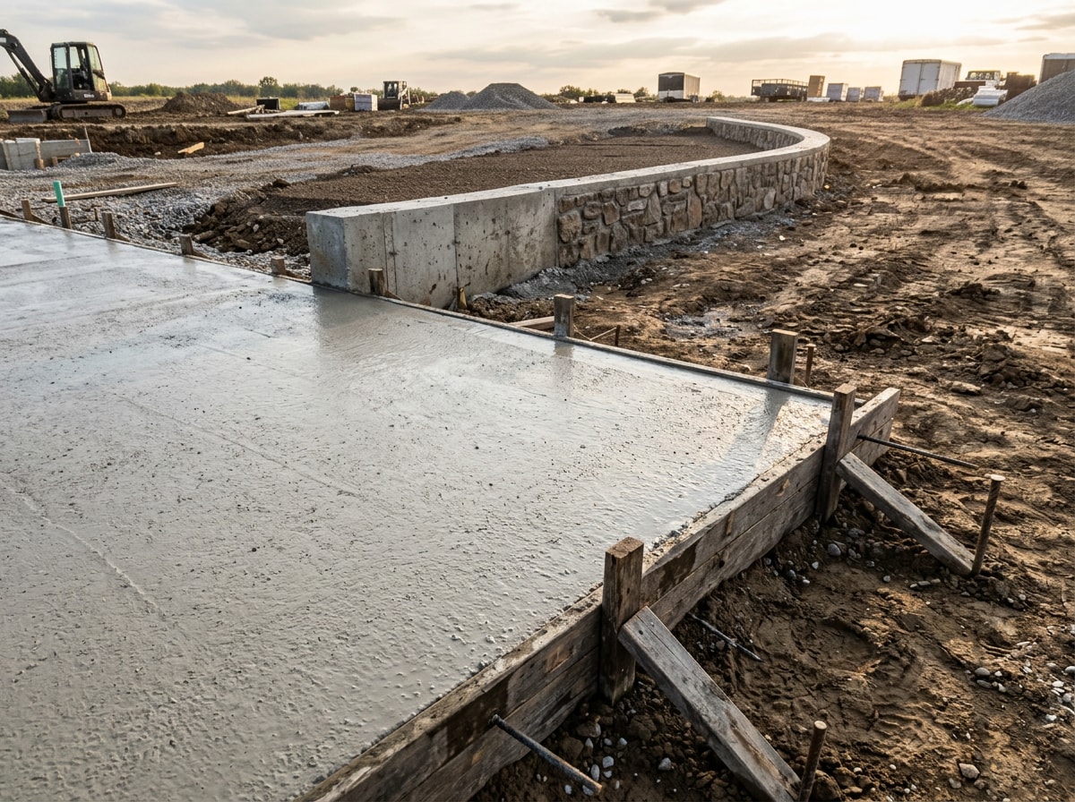 Freshly poured concrete foundation pad with retaining wall backfill in a Hixson, TN residential lot