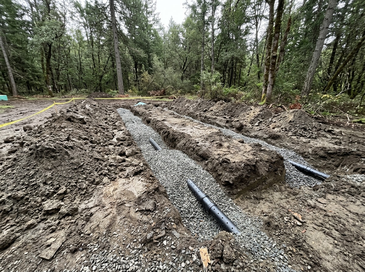 Drain field trenches with gravel bedding prepared for septic installation on a wooded Hixson, TN lot
