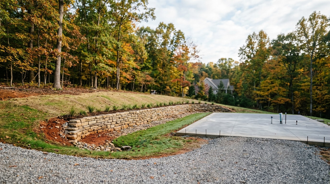 Finished civil works site in Hixson, TN showing graded lot, concrete foundation pad, and stone retaining wall