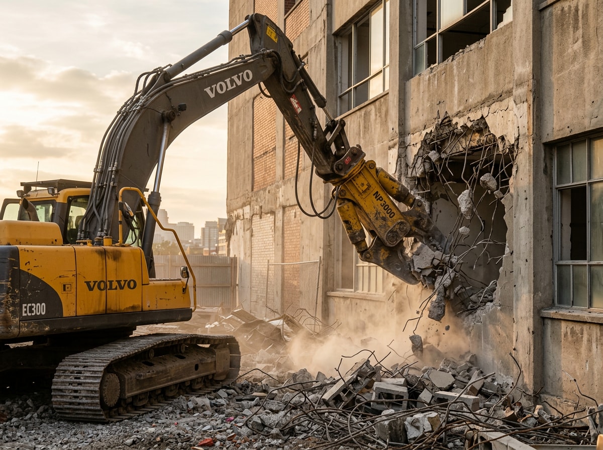 Excavator performing selective demolition on a commercial building in Ooltewah, TN