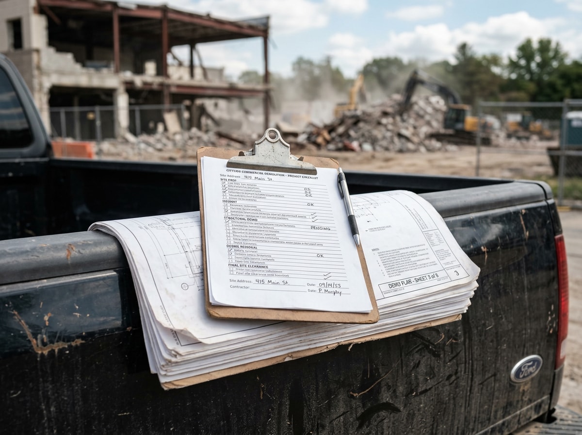 Contractor and property owner reviewing a commercial demolition checklist during a site walkthrough