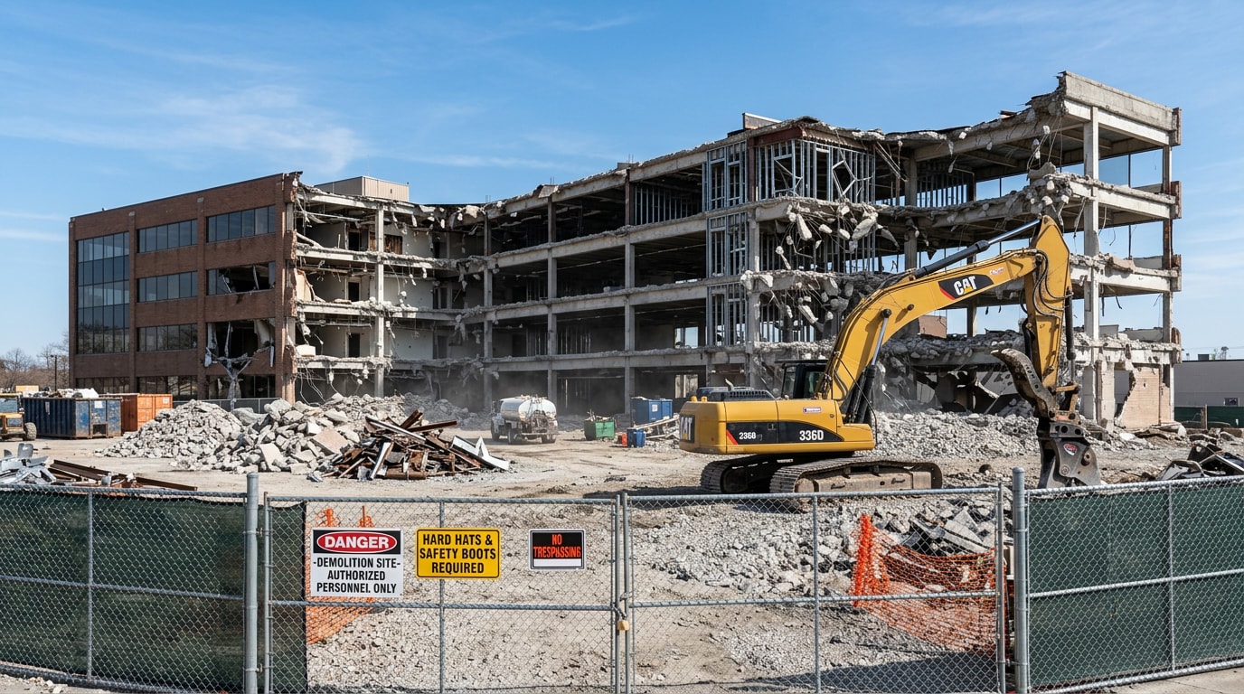 Commercial building mid-demolition with excavator and sorted debris piles Commercial building mid-demolition with excavator and sorted debris piles