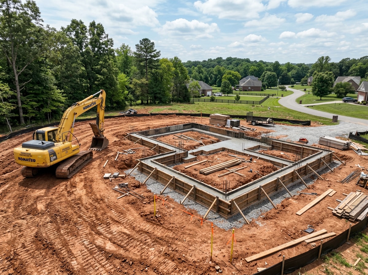 Excavation and foundation work underway at a residential building site in Tennessee