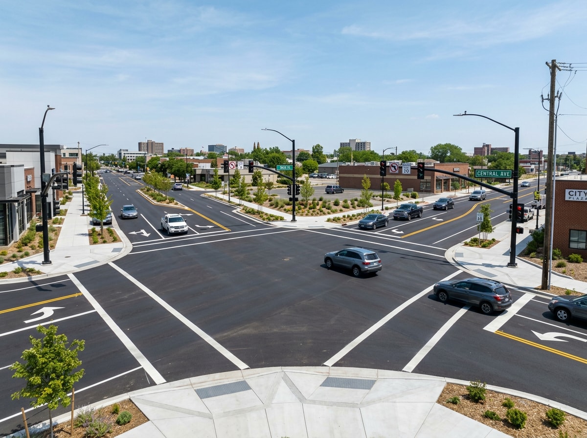 Completed intersection and roadway improvements with new turn lanes and sidewalks