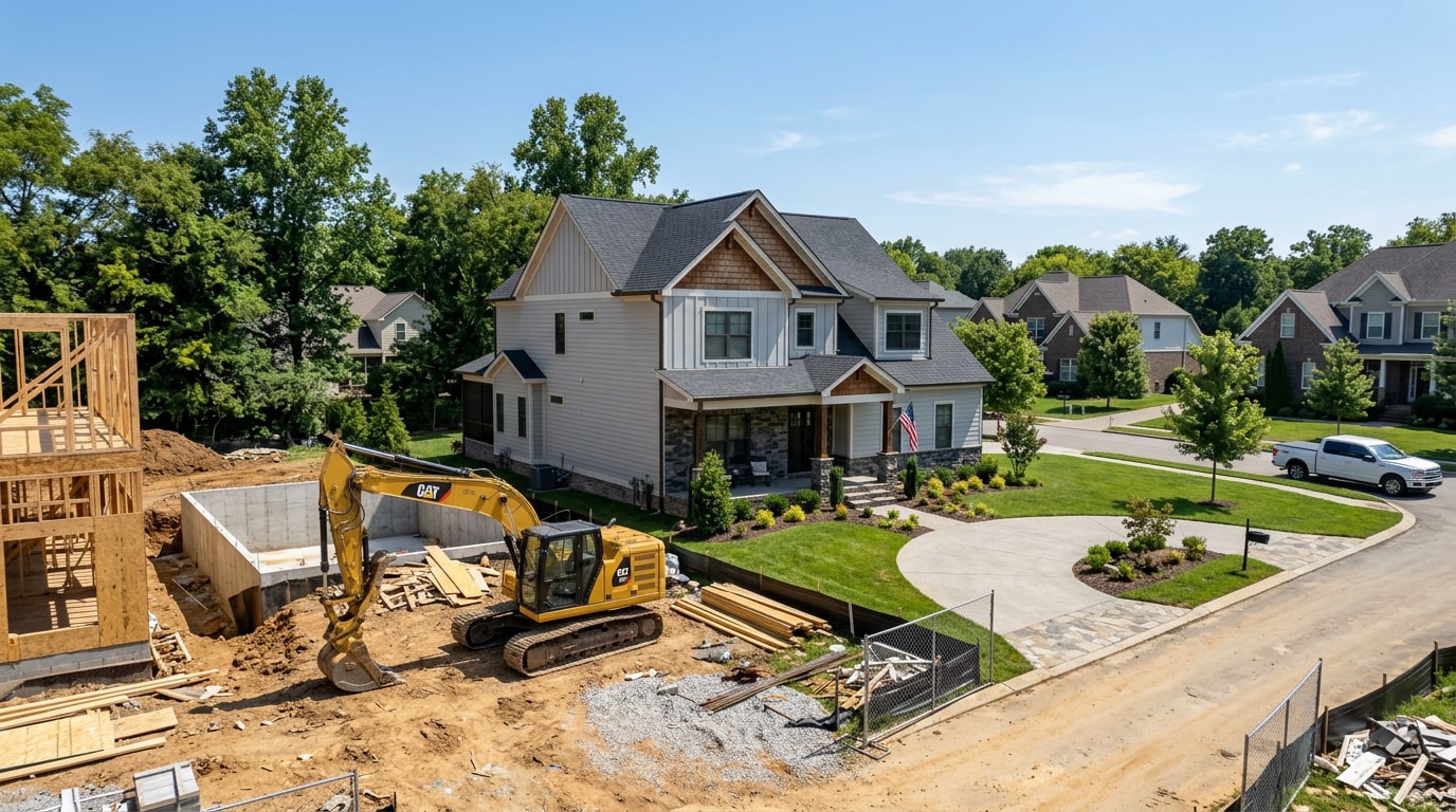 Custom home construction site in Cleveland, TN with foundation and framing work completed