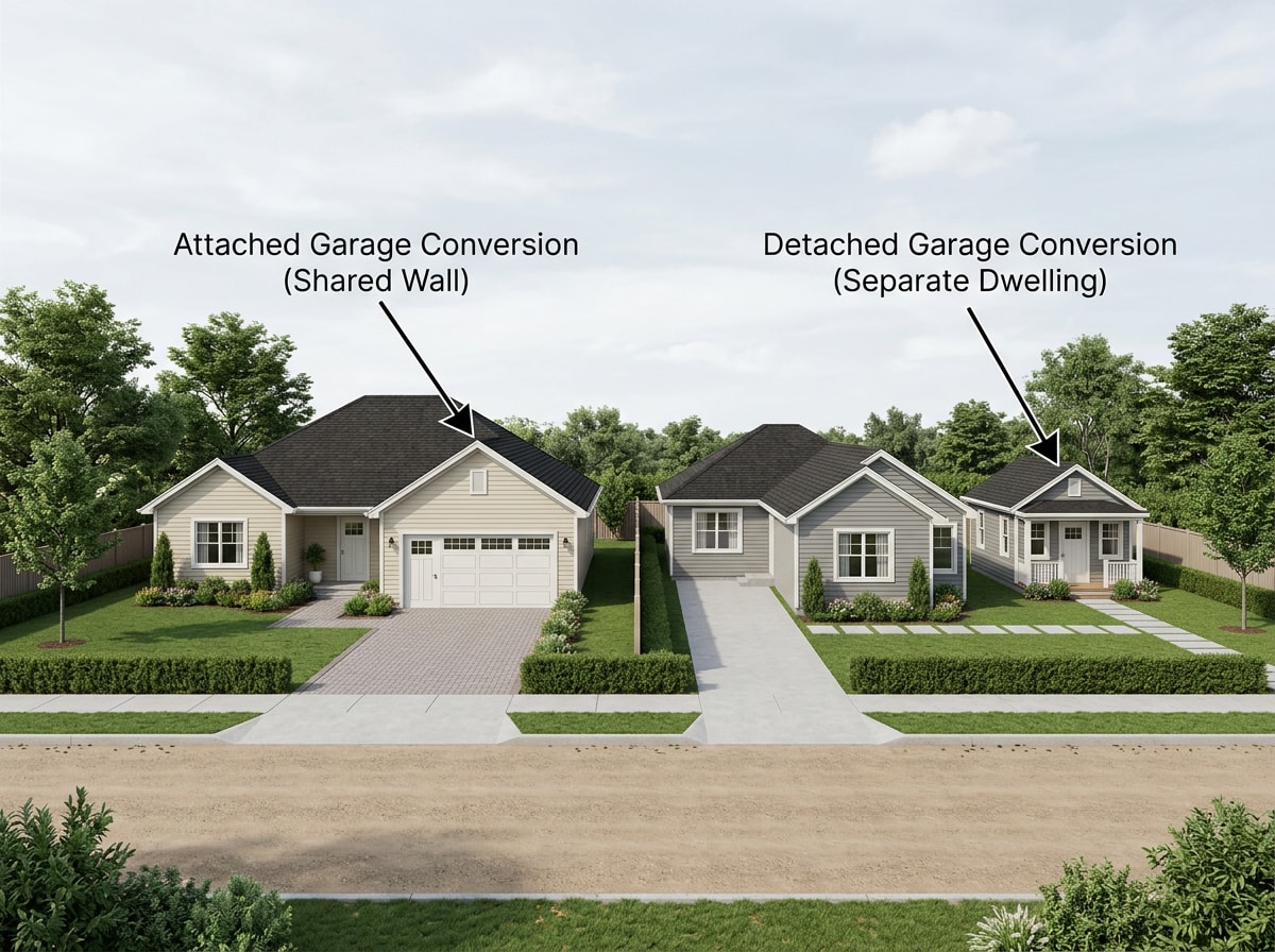 Diagram comparing an attached garage conversion ADU sharing a wall with the main house versus a detached garage ADU as a separate structure