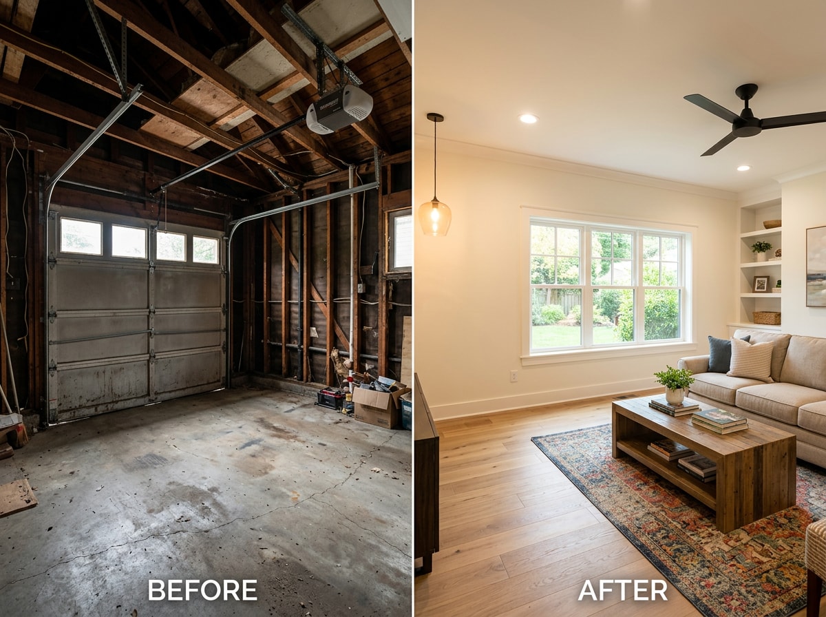 Before and after photo of a garage conversion ADU in Hamilton County, TN showing the original garage and the finished living space