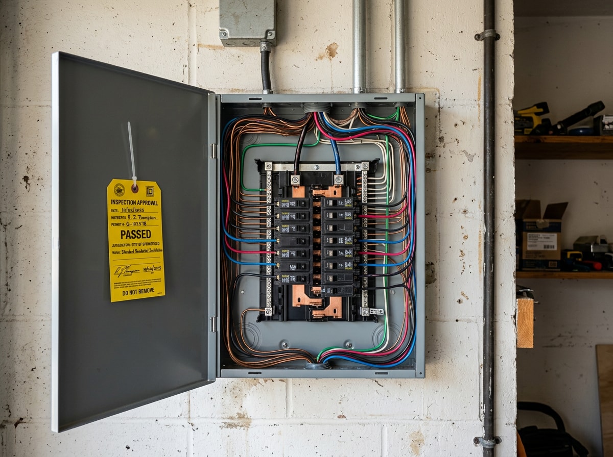 Open electrical panel with permitted wiring and inspection tag visible