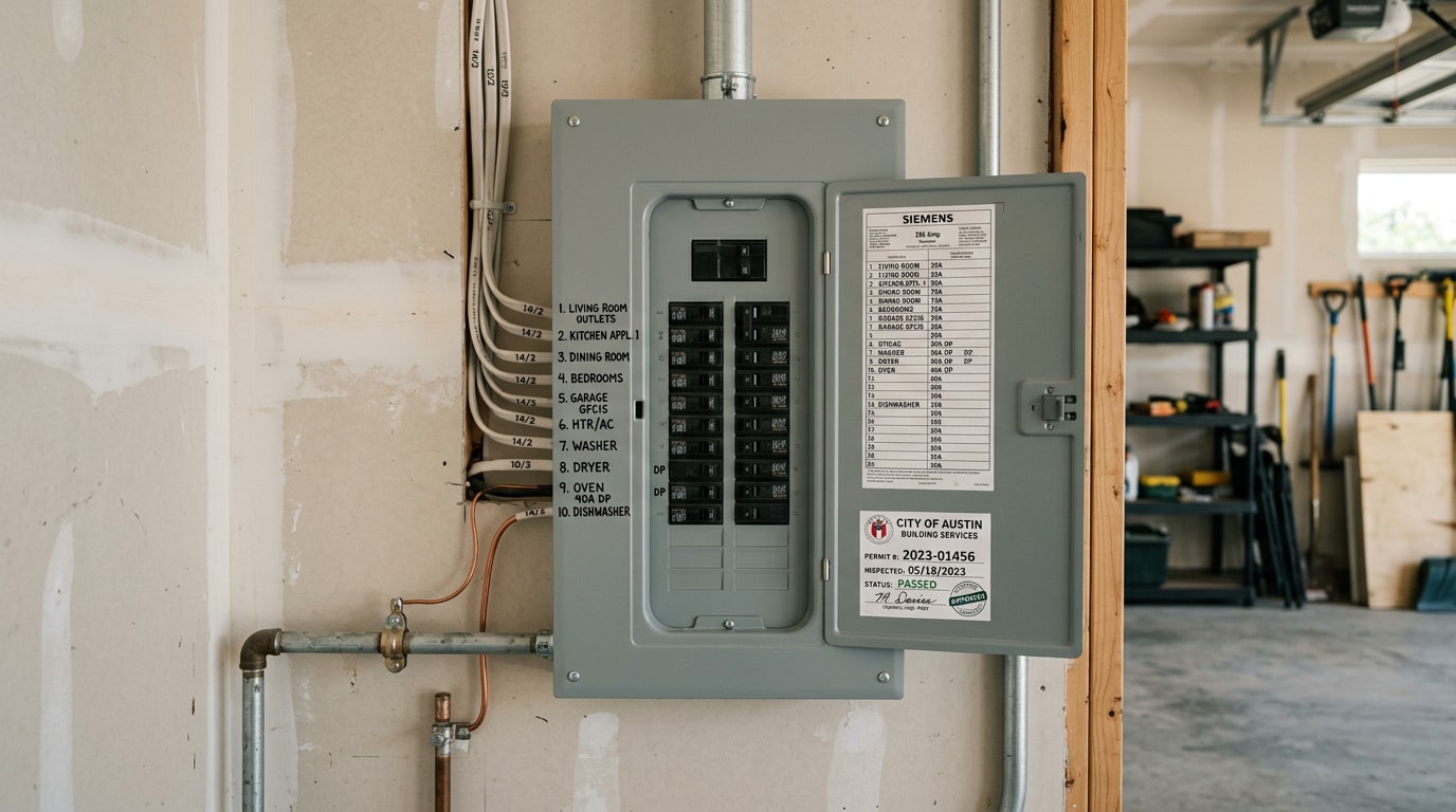 Professionally installed residential electrical panel with labeled breakers