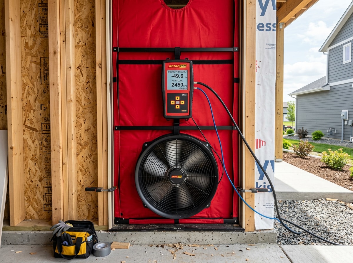 Energy auditor conducting a blower door test on a newly built home exterior