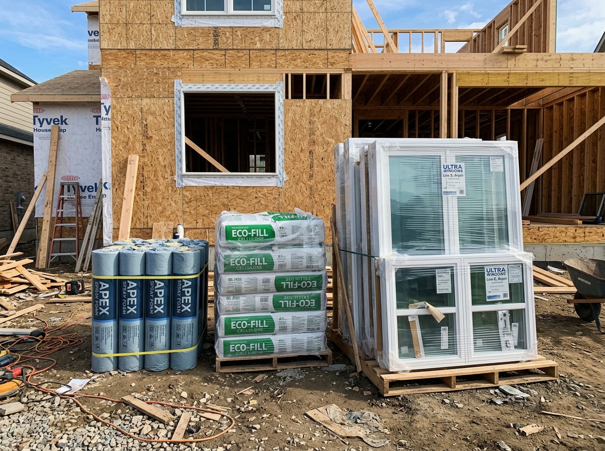 Stack of sustainable building materials including spray foam insulation and low-E window units on a job site