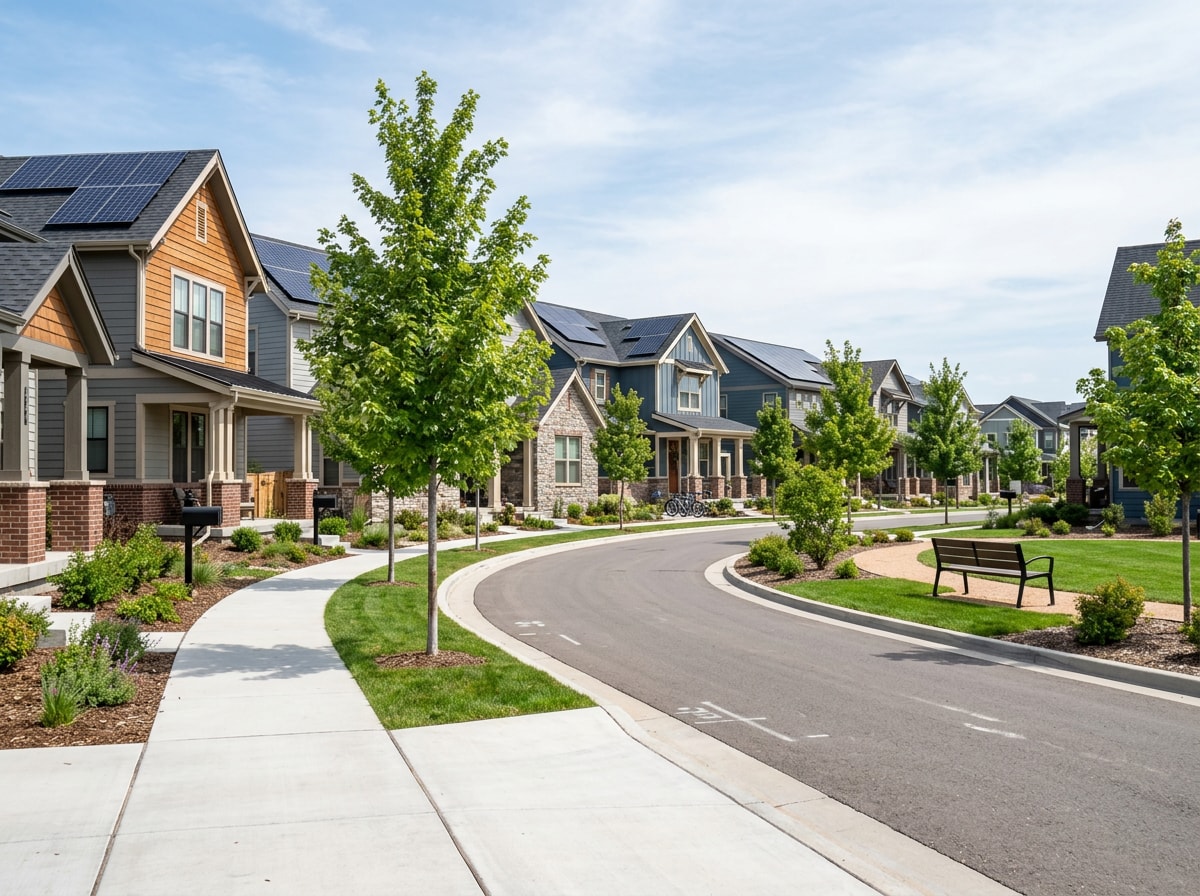 Walkable new-build neighborhood street with shared green space and sidewalk trees