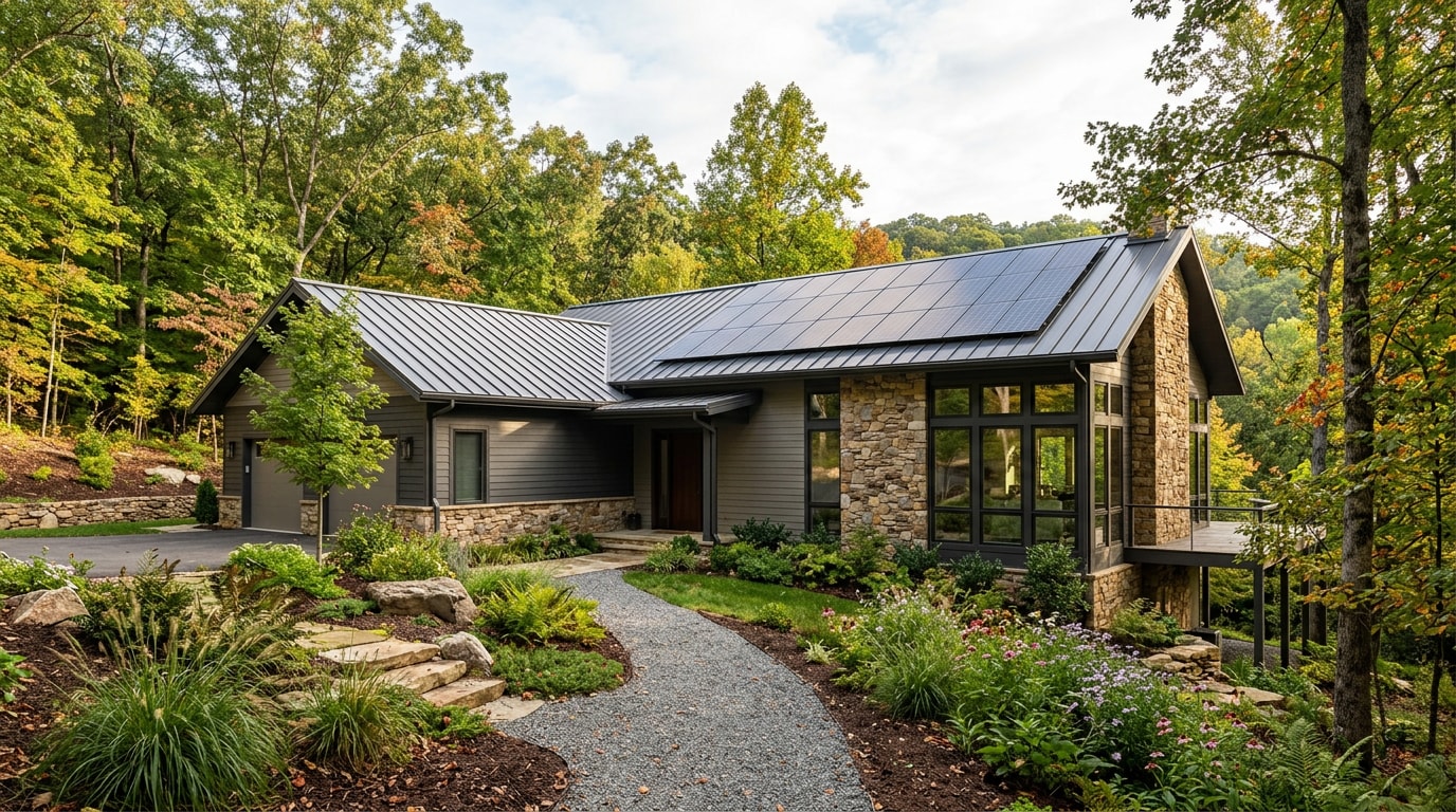 Modern energy-efficient home exterior with solar panels in a Chattanooga, TN style neighborhood Modern energy-efficient home exterior with solar panels in a Chattanooga, TN style neighborhood