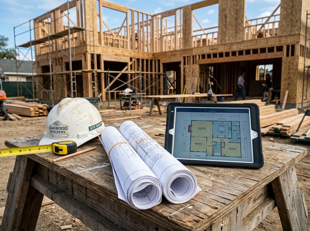 Builder reviewing blueprints with homeowners on a Bradley County jobsite