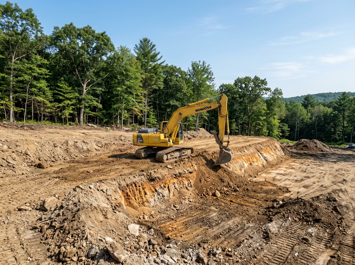 Excavator grading a rural building lot in Bradley County, TN ahead of foundation work