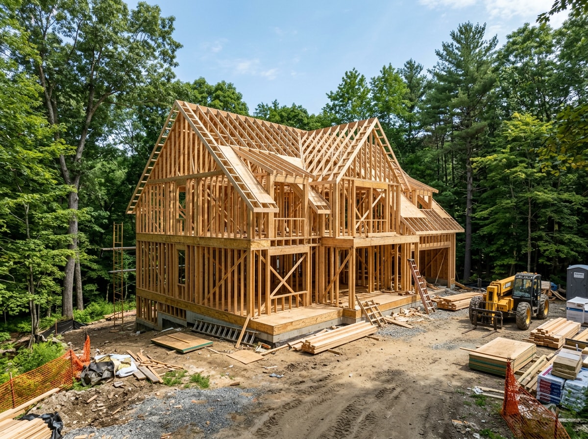 Framing stage of a custom home build in progress in Bradley County, TN
