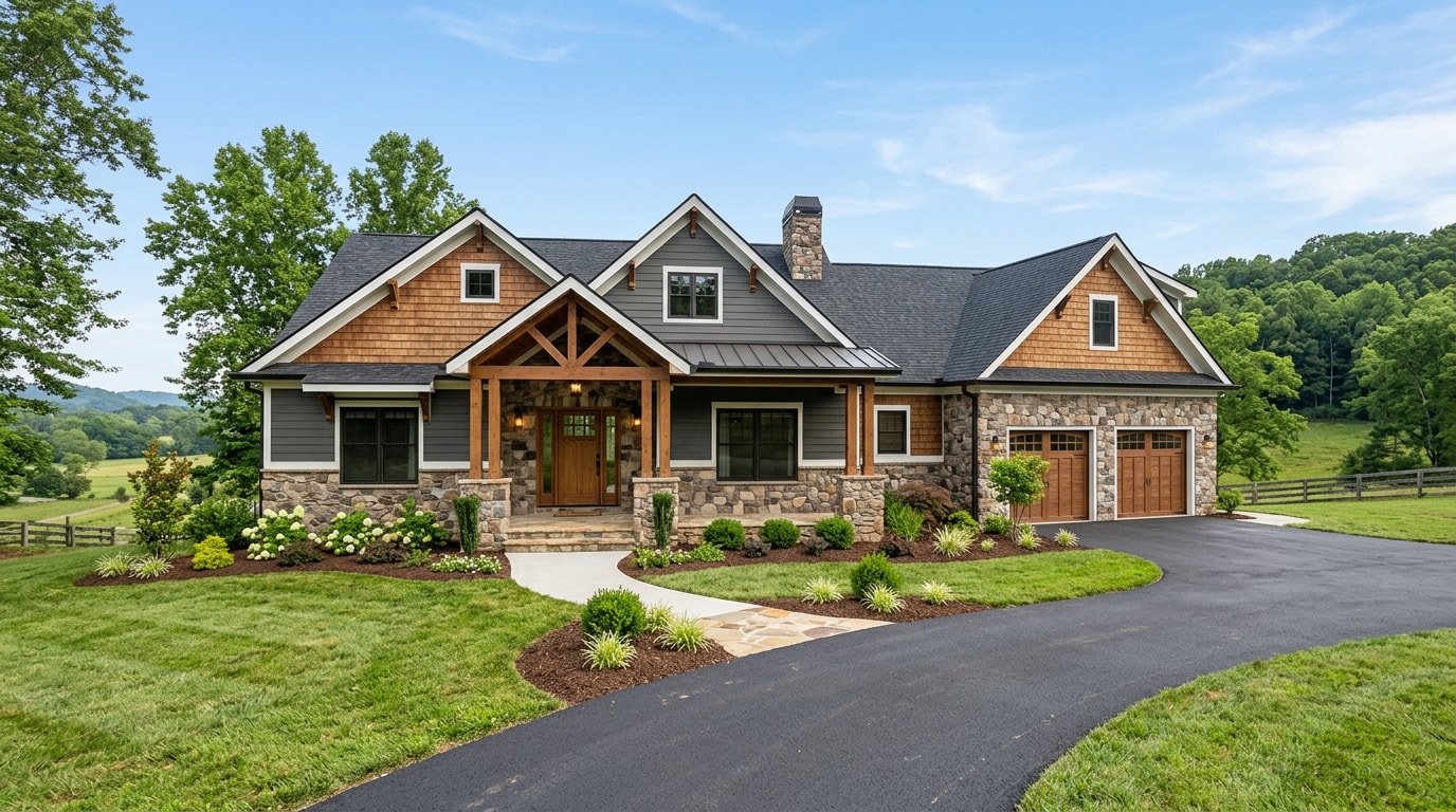 Completed custom home exterior in Bradley County, TN with landscaped front yard