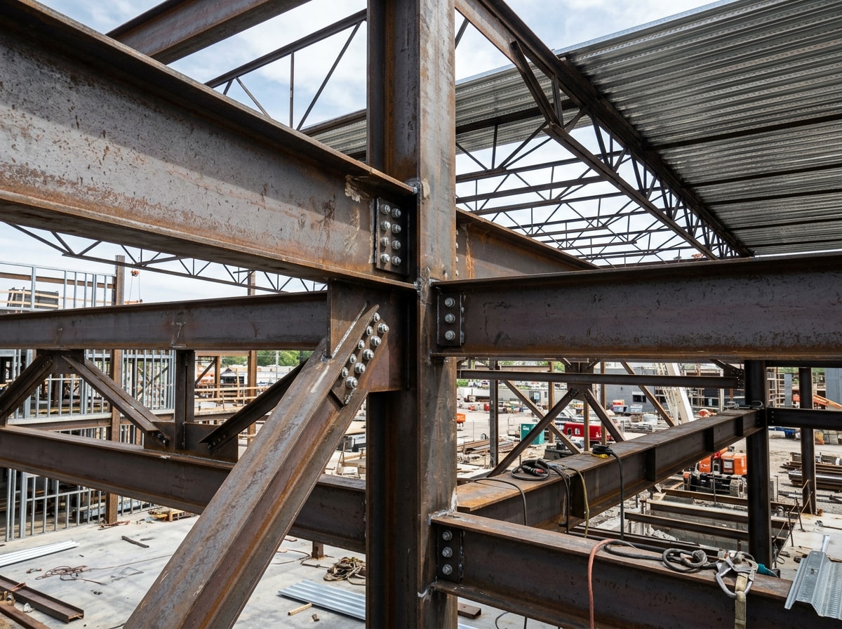 Industrial building contractor crew framing a steel-frame facility in Hamilton County, TN