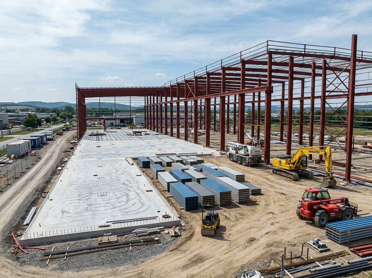 Manufacturing facility construction site with steel framing in Hamilton County, Tennessee
