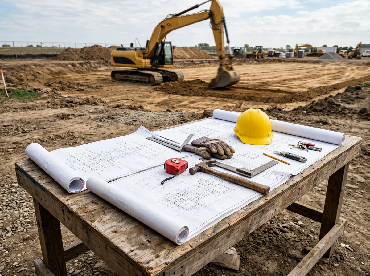 Construction team reviewing site grading and foundation plans on an industrial job site