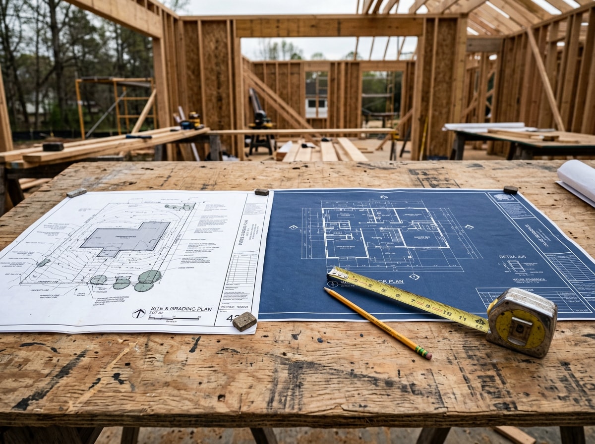 Custom home floor plan and site plan reviewed on a job site table