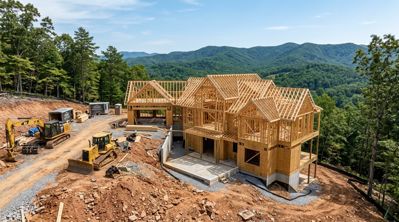 New custom home under construction on a graded lot in Chattanooga, TN