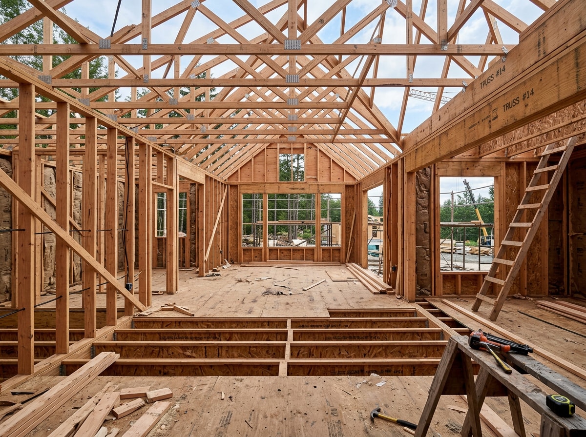 Framed house skeleton showing wall studs, floor joists, and roof trusses during residential construction