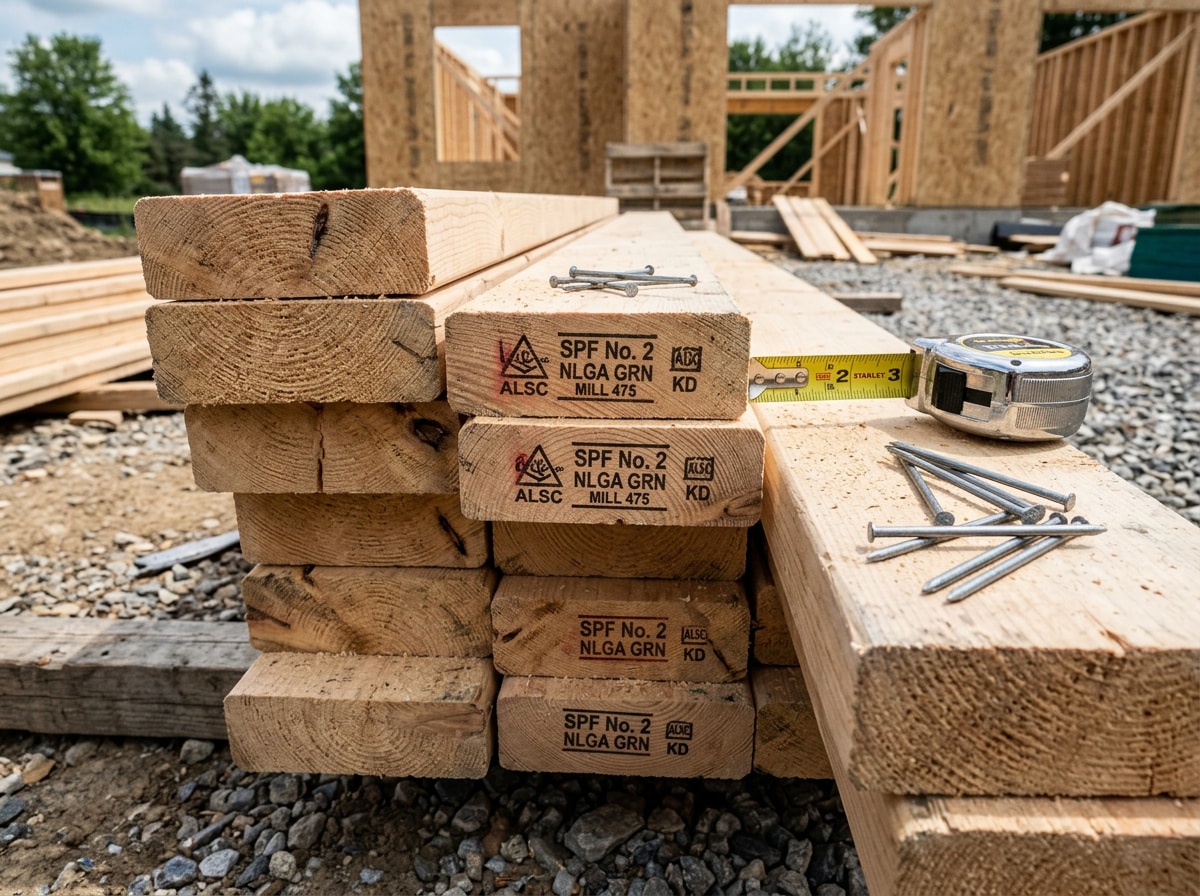 Stack of grade-stamped SPF dimensional lumber on a residential jobsite ready for framing