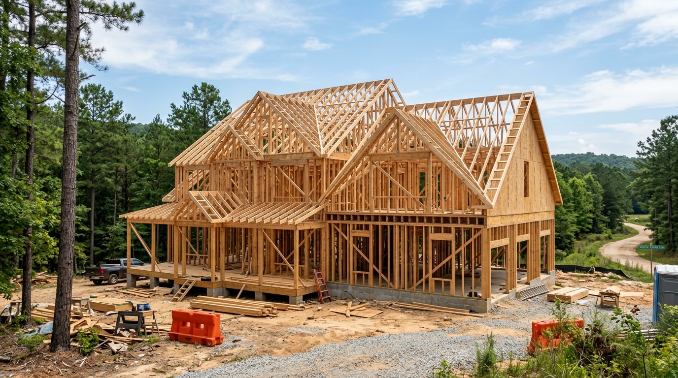 Newly framed residential home under construction in Cherokee County, Alabama