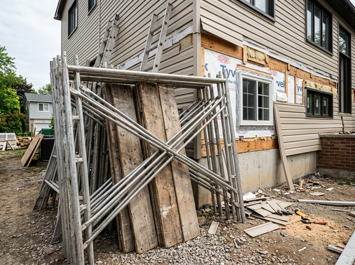 Frame scaffolding set up for residential siding work on a two-story home in Hixson, TN