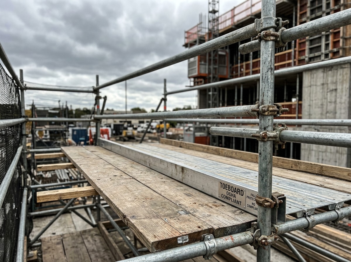 Scaffold guardrails, midrails, and toeboards installed on a commercial job site for OSHA fall protection compliance