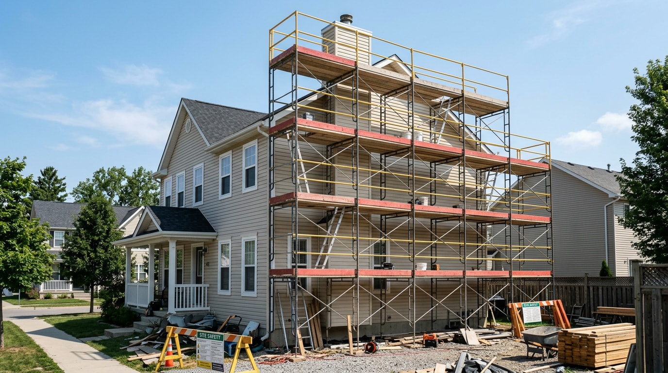 Frame scaffolding system erected against a two-story home exterior