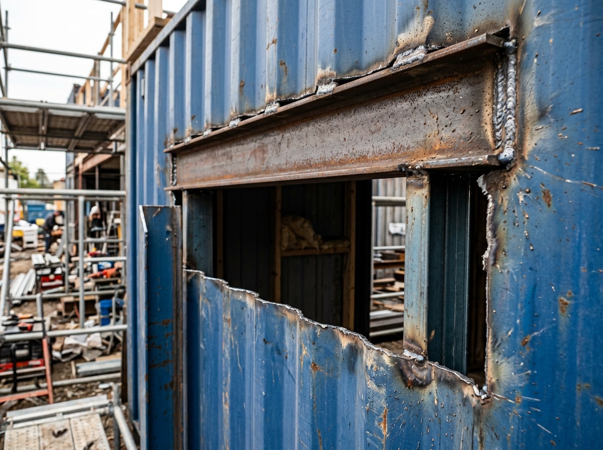 Reinforced steel header around a cut window opening on a shipping container home under construction