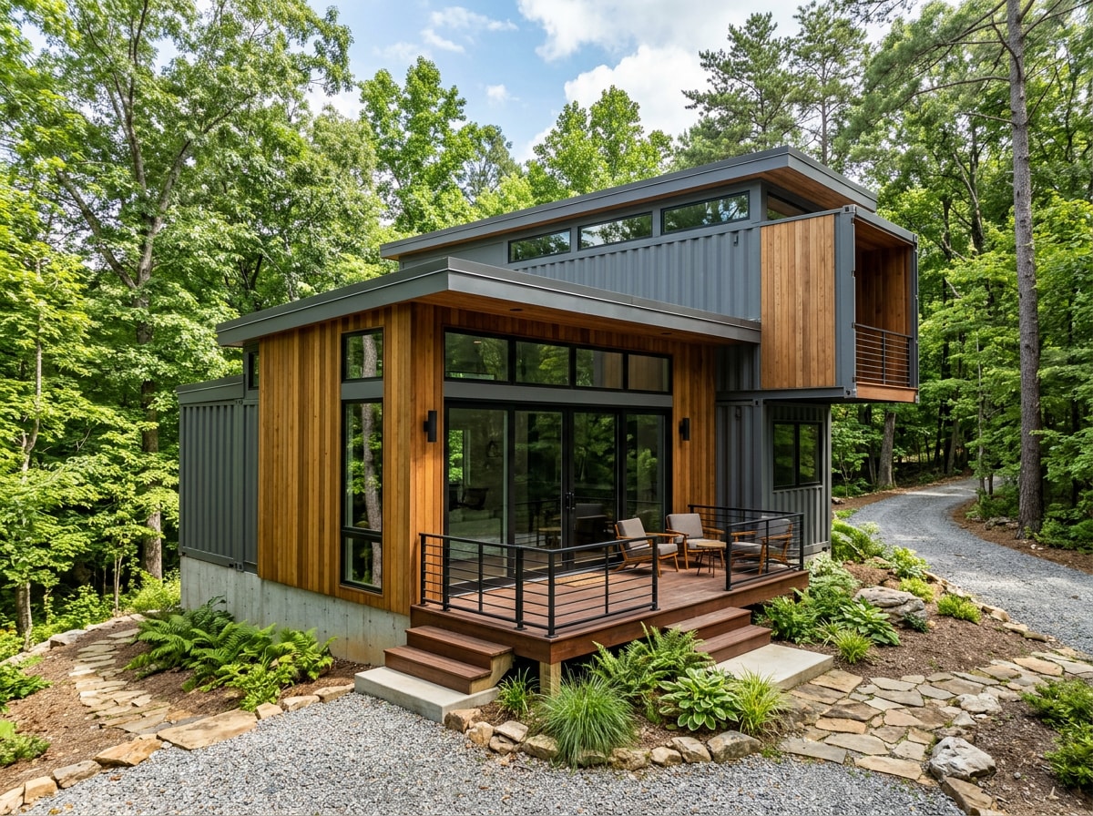 Completed modern shipping container home exterior on a wooded lot in Southeast Tennessee