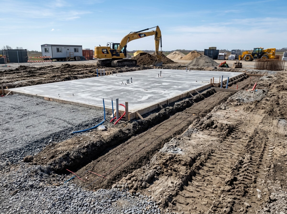 Freshly poured concrete foundation pad with backfilled utility trenches ready for a container home build