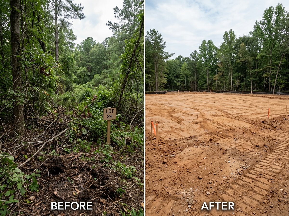 Before and after comparison of rough grading and pad grading on a residential lot in Cleveland, TN