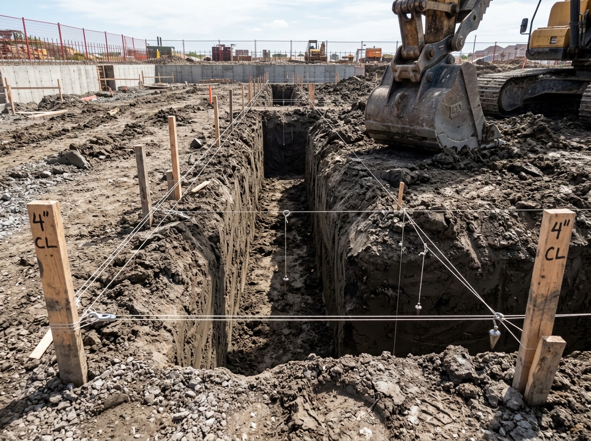 Excavator digging a footing trench to proper code depth before concrete pour