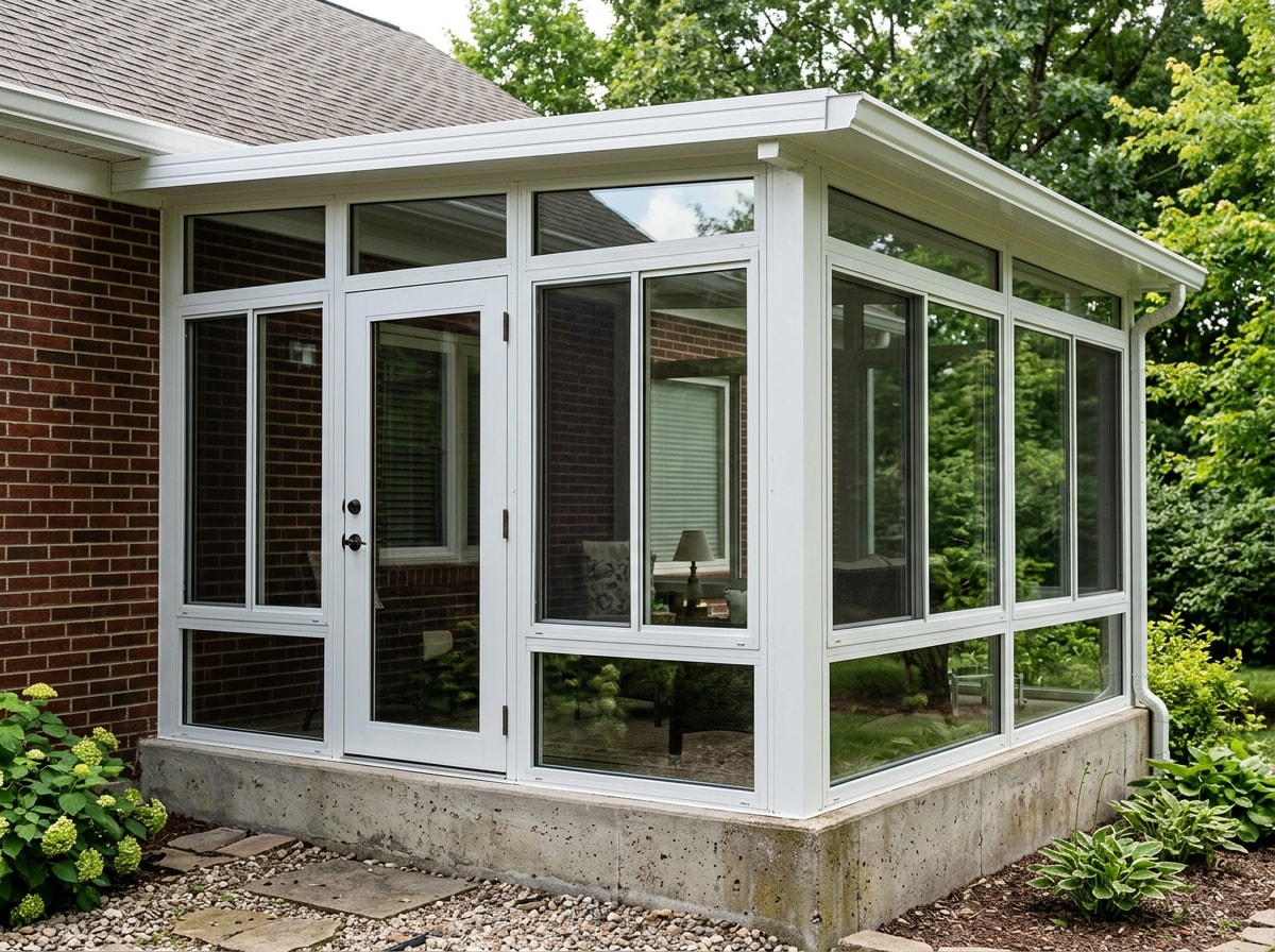Four-season sunroom extension with insulated glass walls attached to a brick home